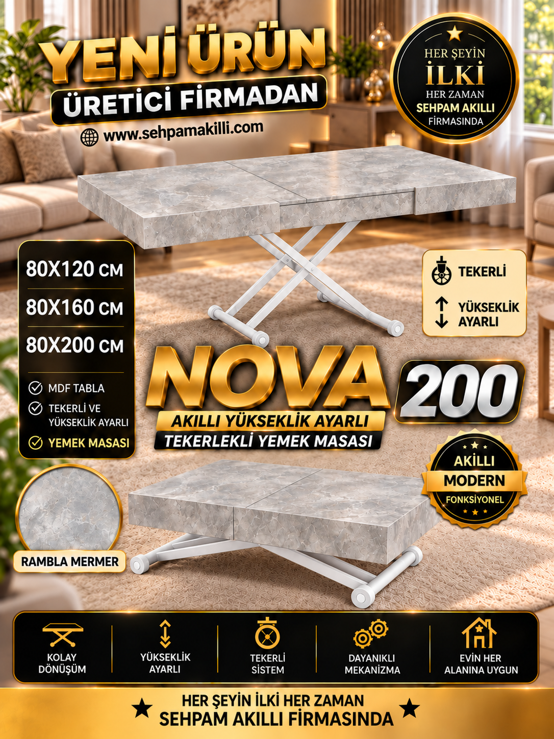 Oval Side-Opening Smart Table | Travertine MDF & Black