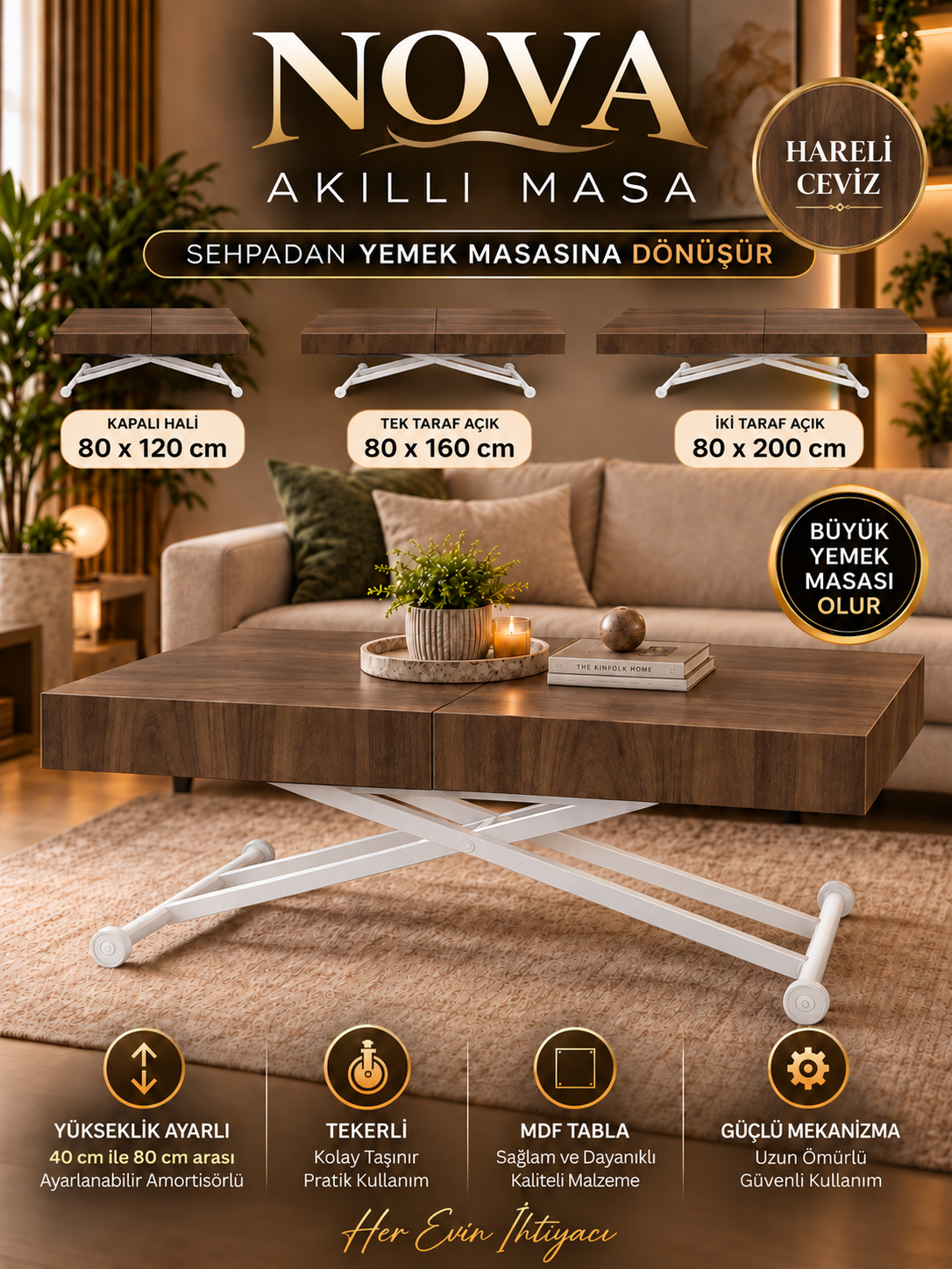 Oval Side-Opening Smart Table | Travertine MDF & Black