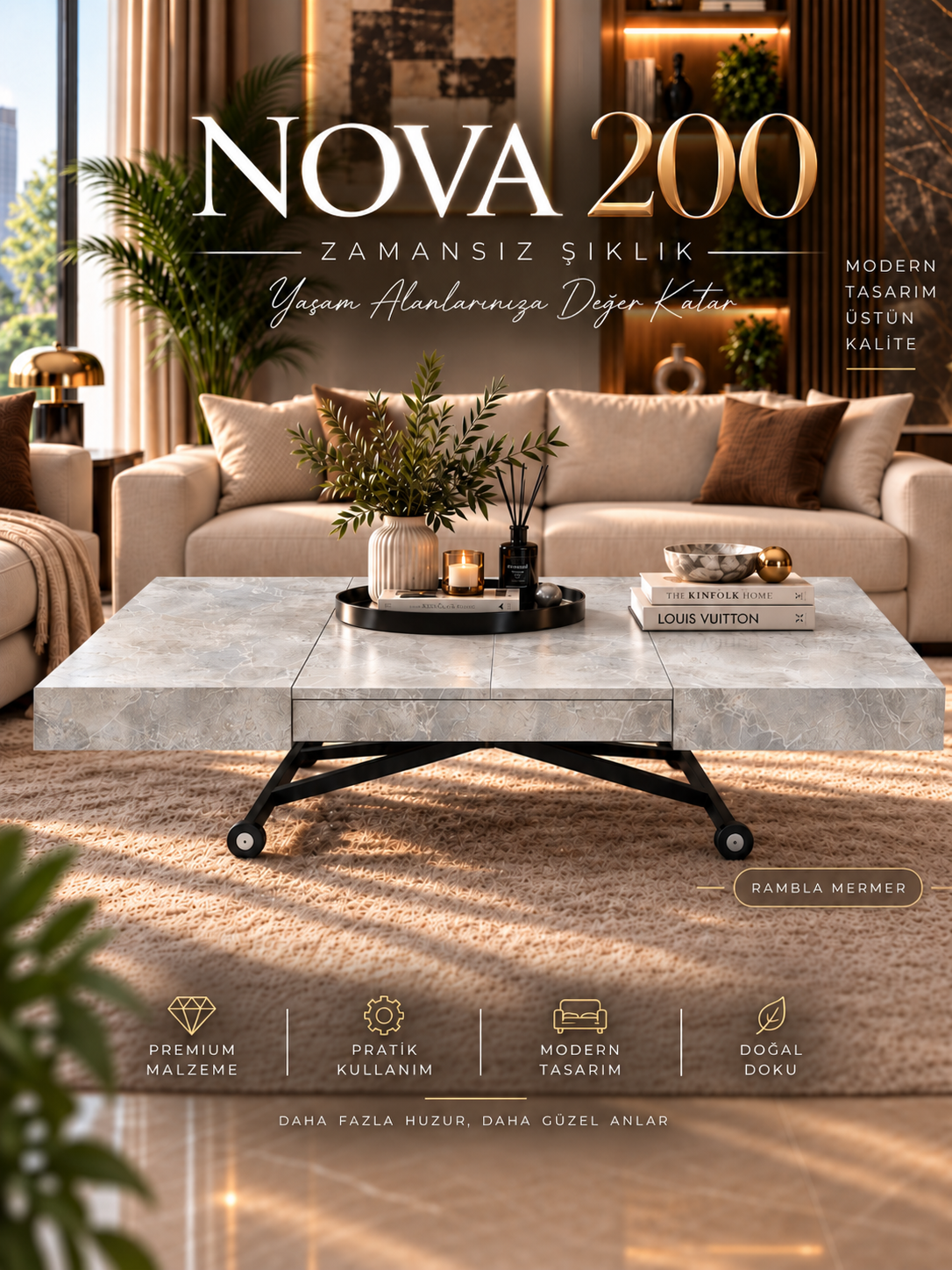 Oval Side-Opening Smart Table | Travertine MDF & Black