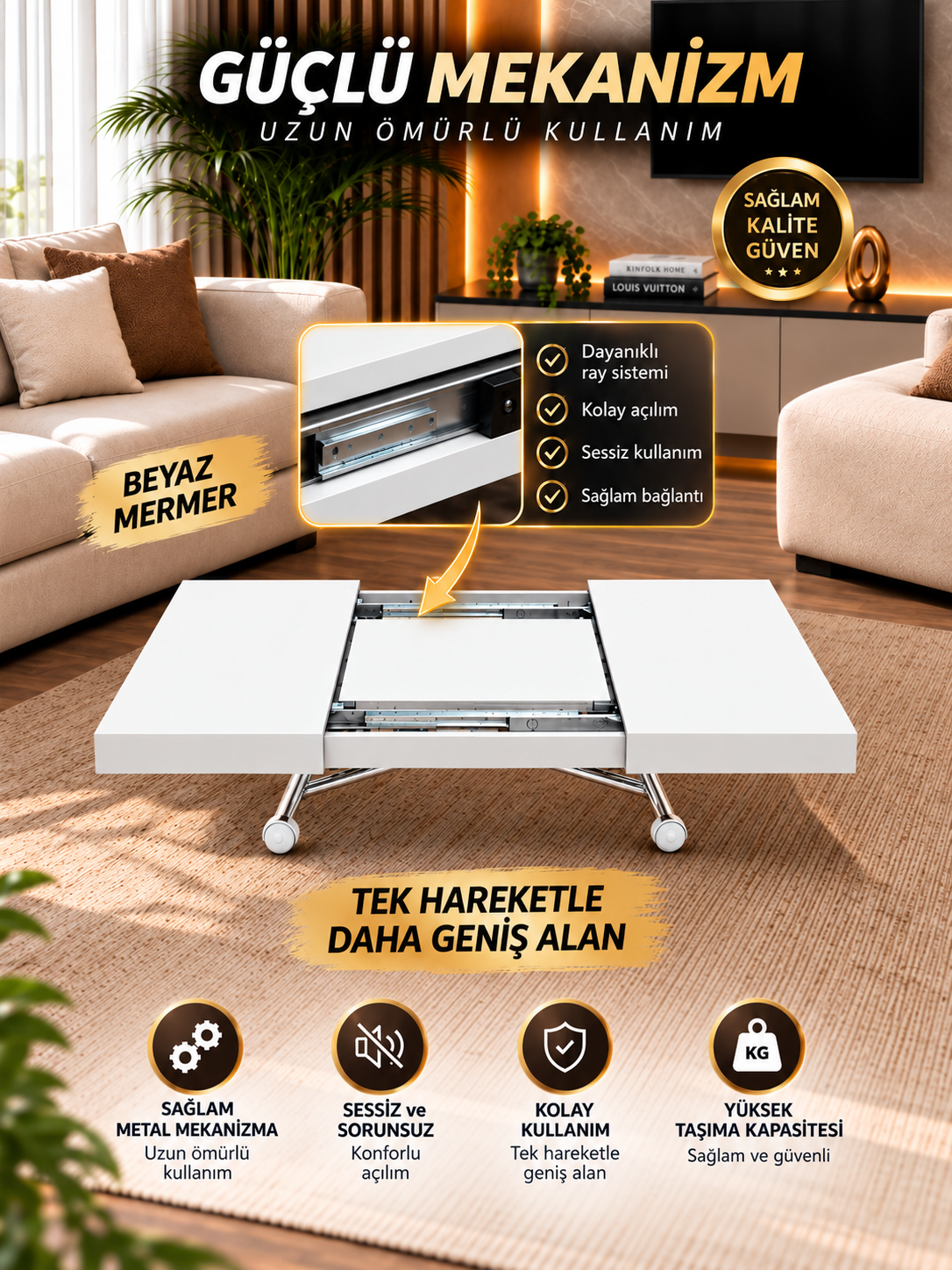Oval Side-Opening Smart Table | Travertine MDF & Black
