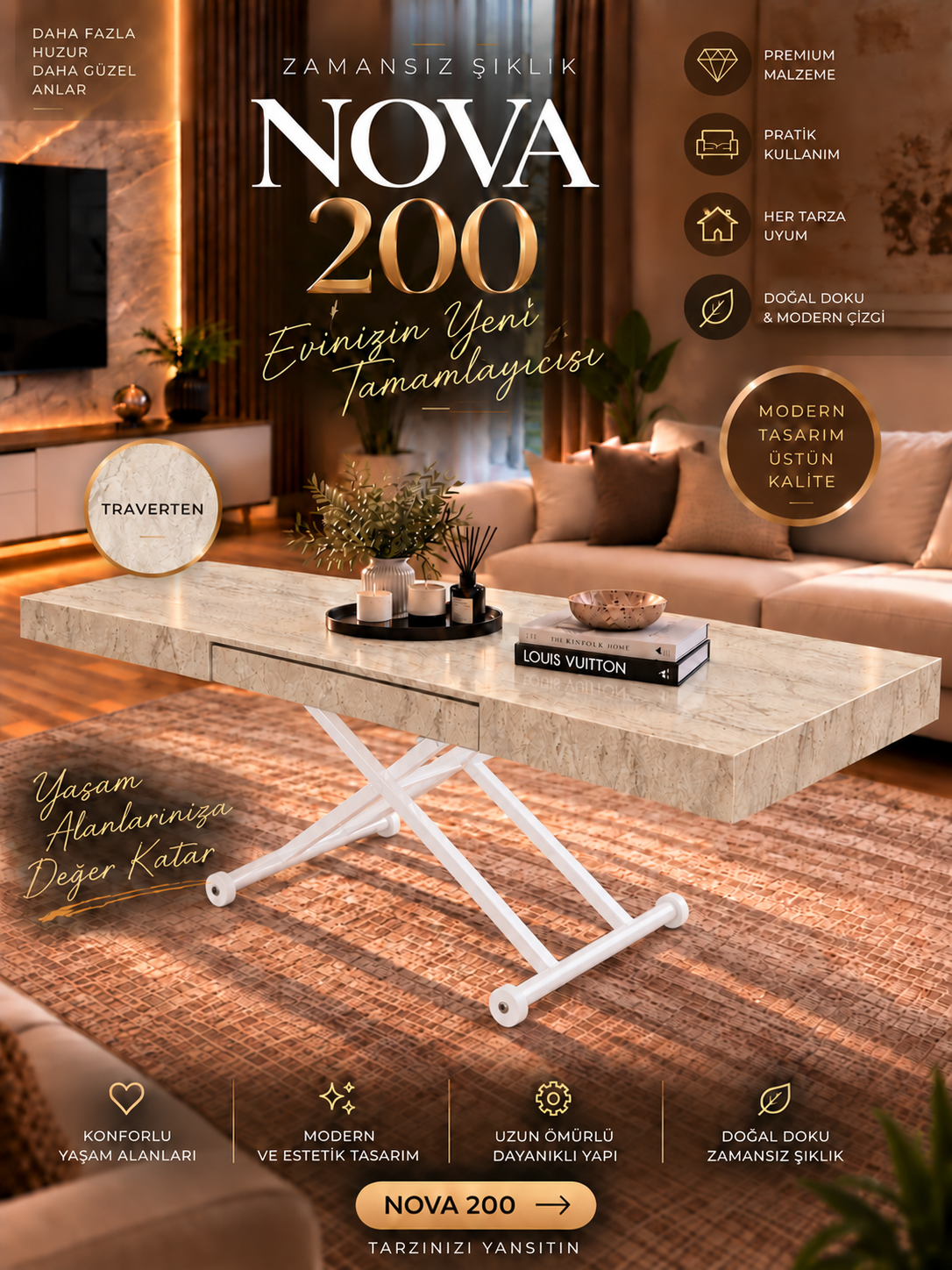 Oval Side-Opening Smart Table | Travertine MDF & Black