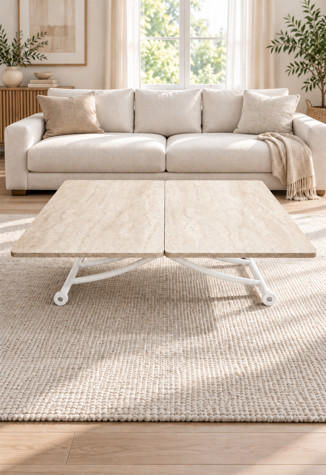 Juppo Smart Coffee Table – Travertine MDF Top & White Metal Legs