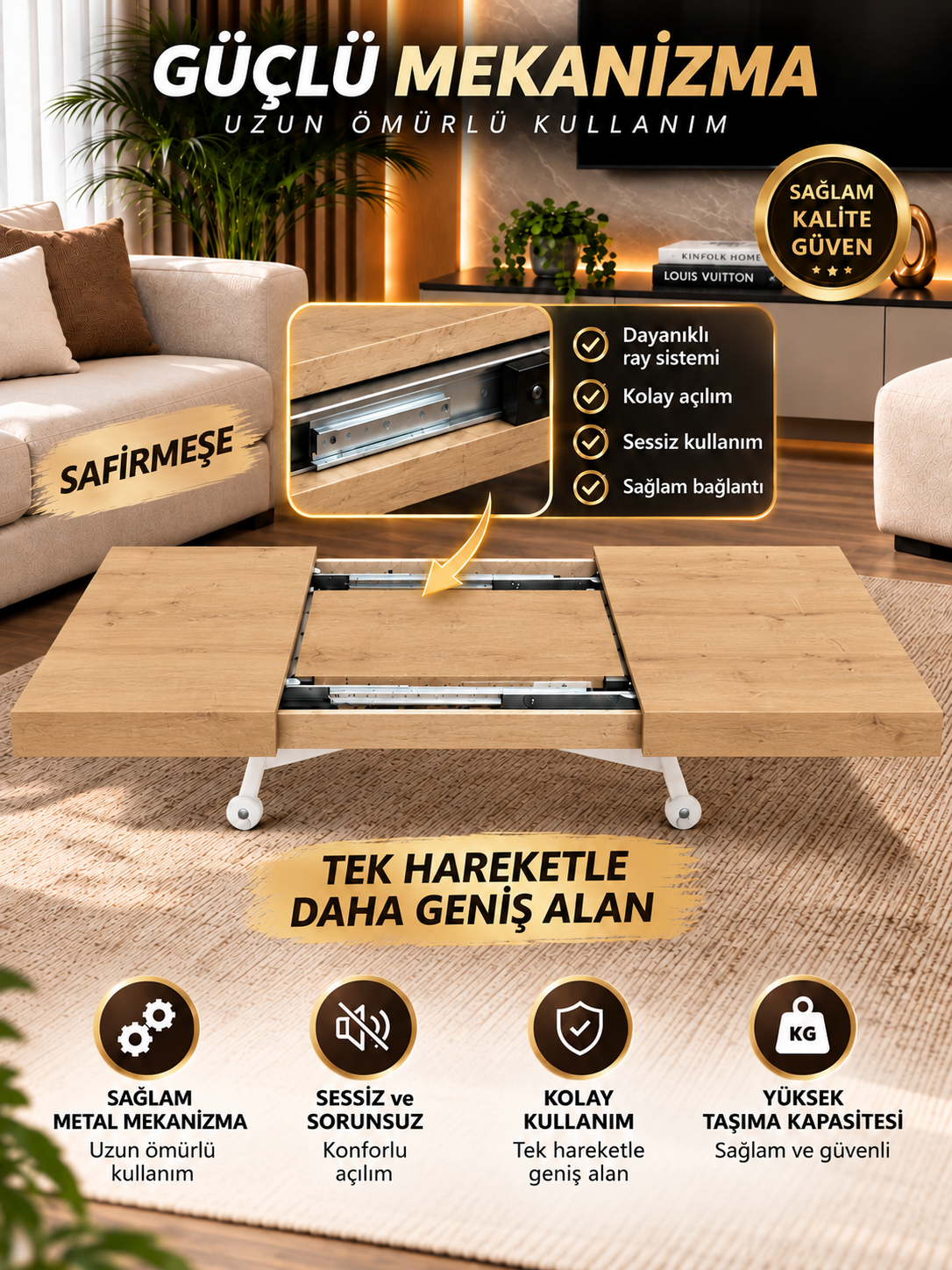 Oval Side-Opening Smart Table | Travertine MDF & Black