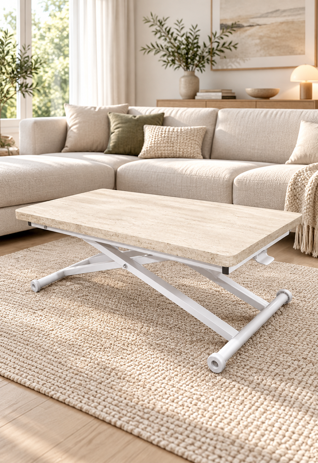Home Akıllı Sehpa – Traverten MDF Üst & Beyaz Metal Ayak
