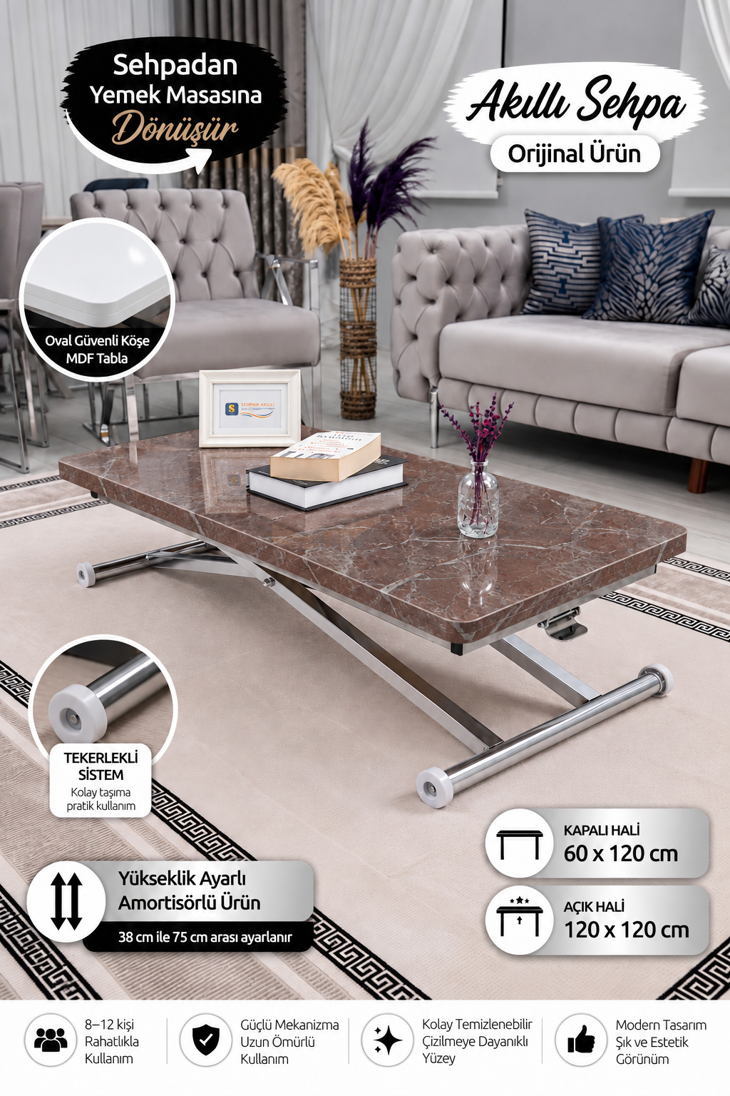 Home Akıllı Sehpa – VişneMermer MDF Üst & Krom Kaplama Metal Ayak