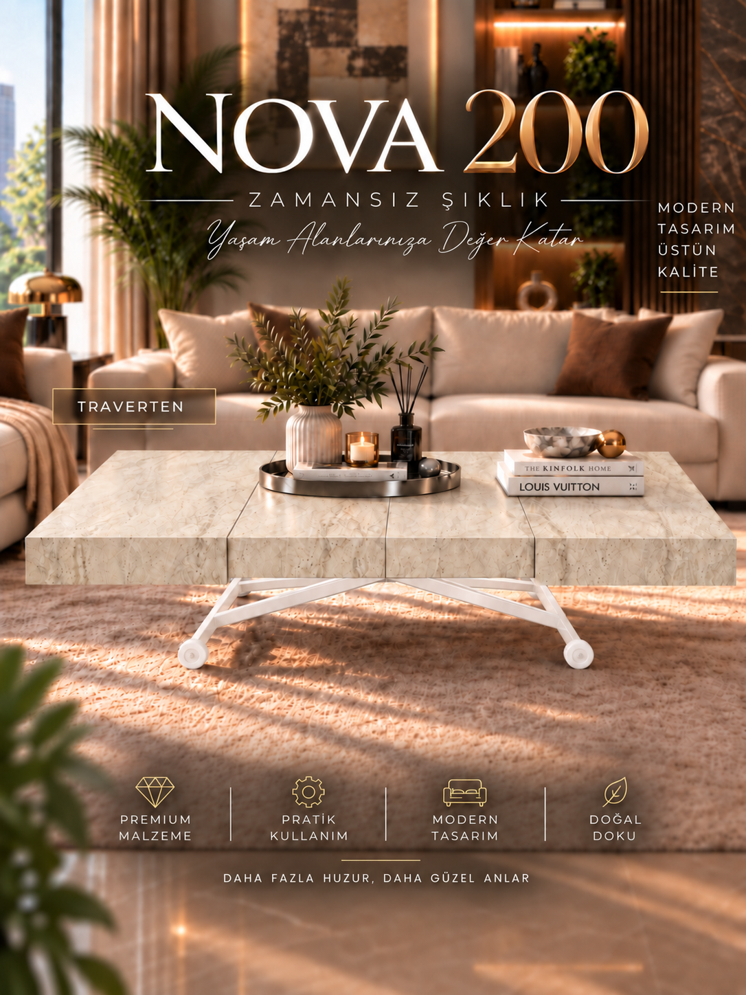 Oval Side-Opening Smart Table | Travertine MDF & Black