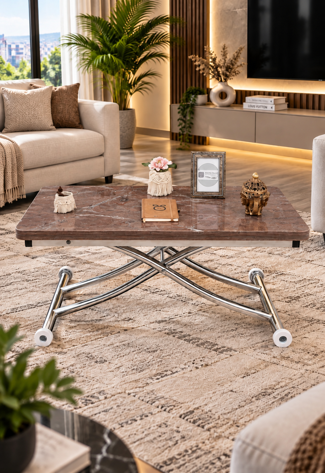 Mini Juppo Akıllı Sehpa – VişneMermer MDF Üst & Krom İçe Kıvrım Metal Ayak
