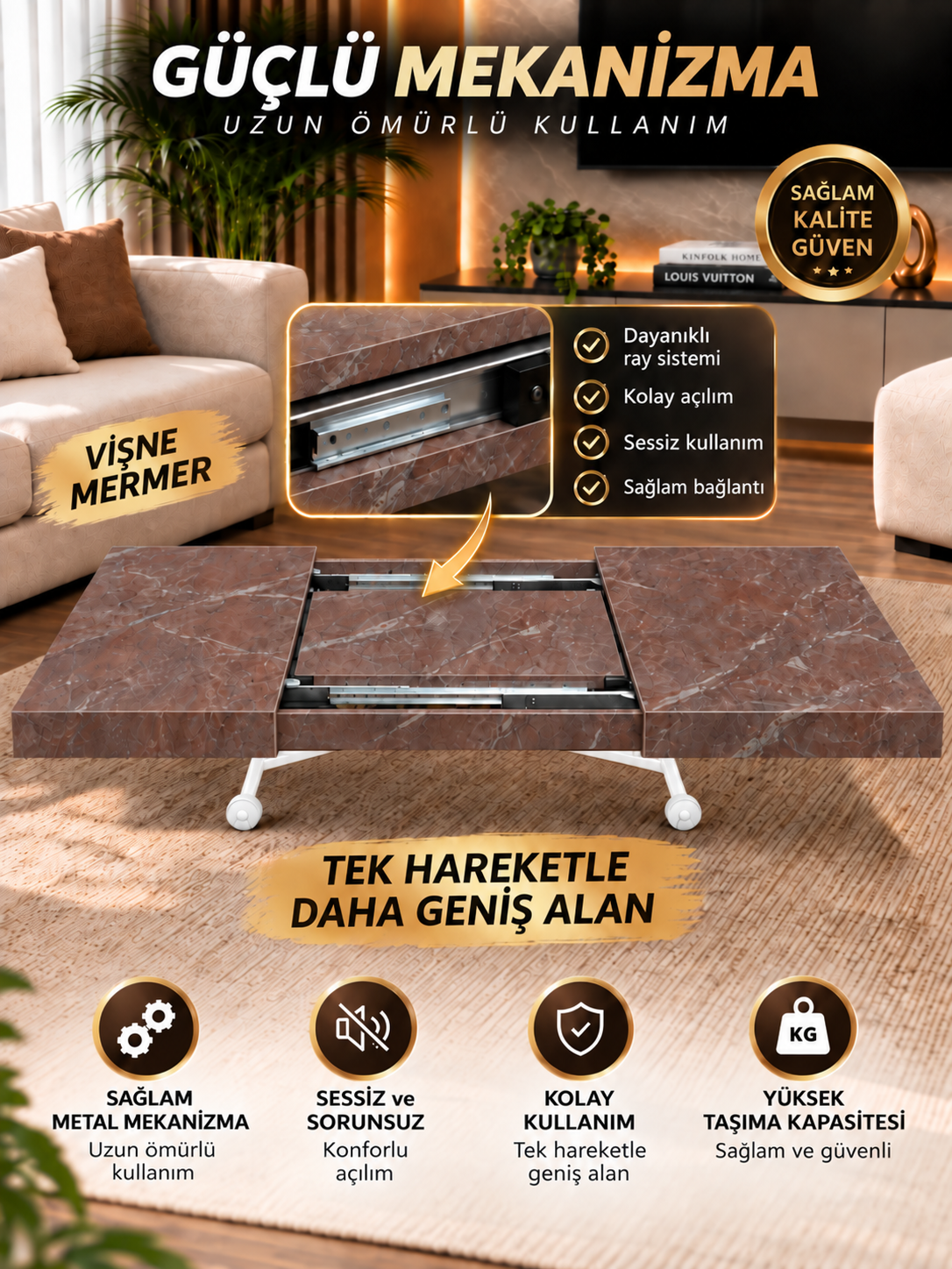 Oval Side-Opening Smart Table | Travertine MDF & Black