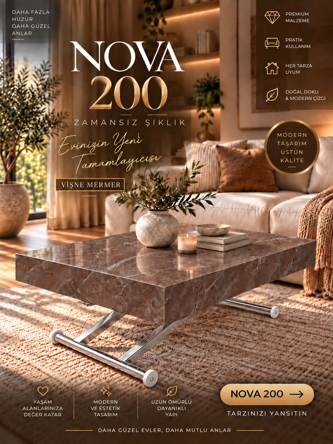 Oval Side-Opening Smart Table | Travertine MDF & Black