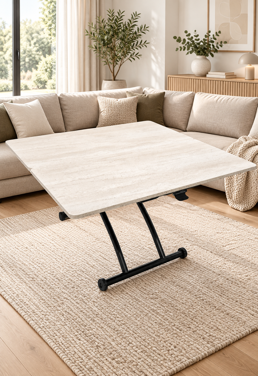 Juppo Smart Coffee Table – Travertine MDF Top & Black Outward-Curved Metal Legs