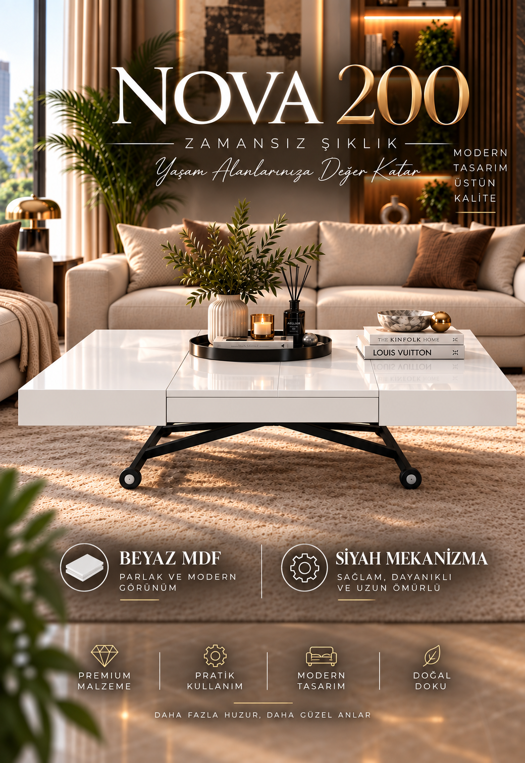 Oval Side-Opening Smart Table | Travertine MDF & Black