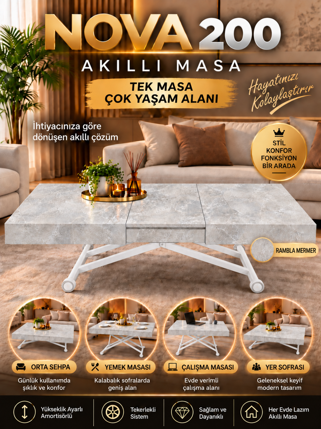 Oval Side-Opening Smart Table | Travertine MDF & Black