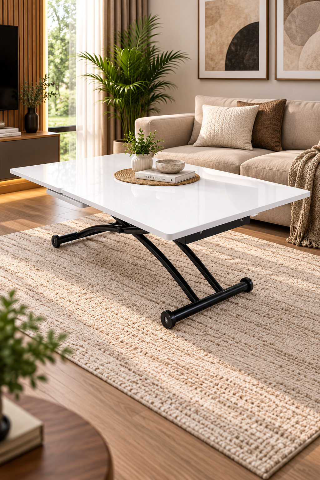 Center Opening Square Smart Table | White Marble MDF & Black