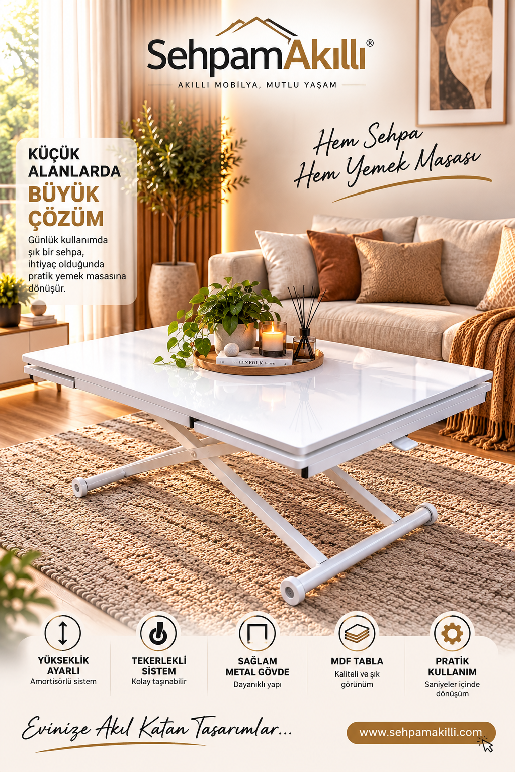 Yan Baştan Açılır Akıllı Masa | Beyaz MDF & Beyaz Ayak