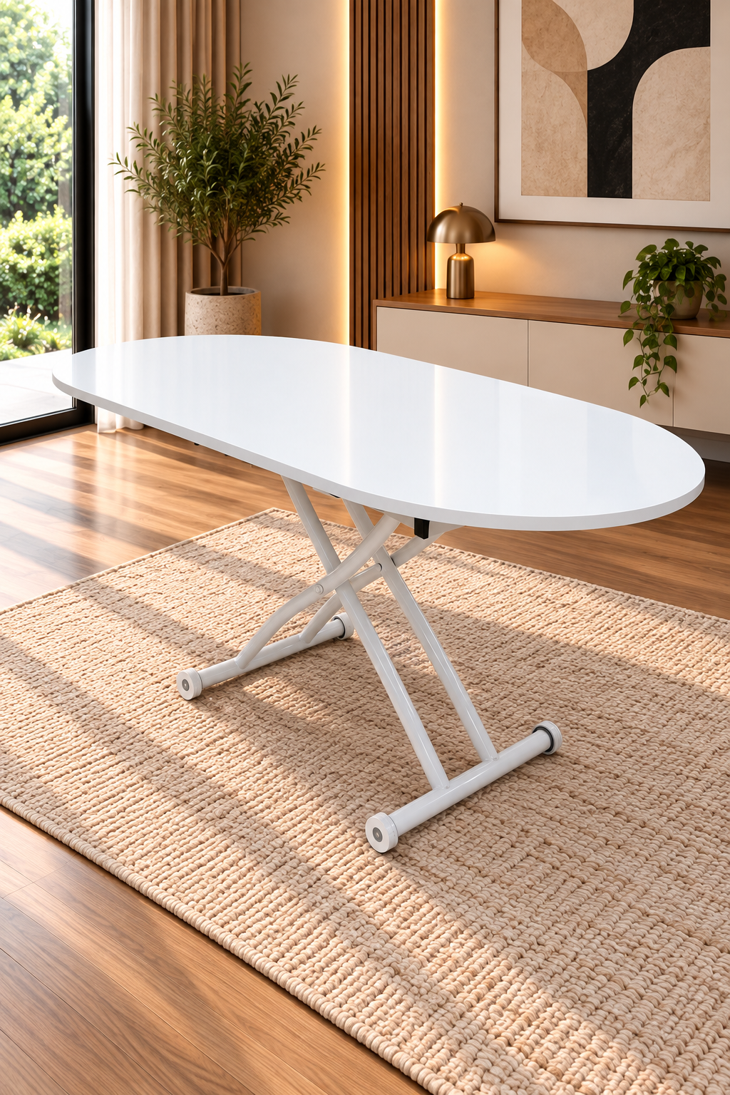 Extendable Oval Smart Table | White Marble MDF & White