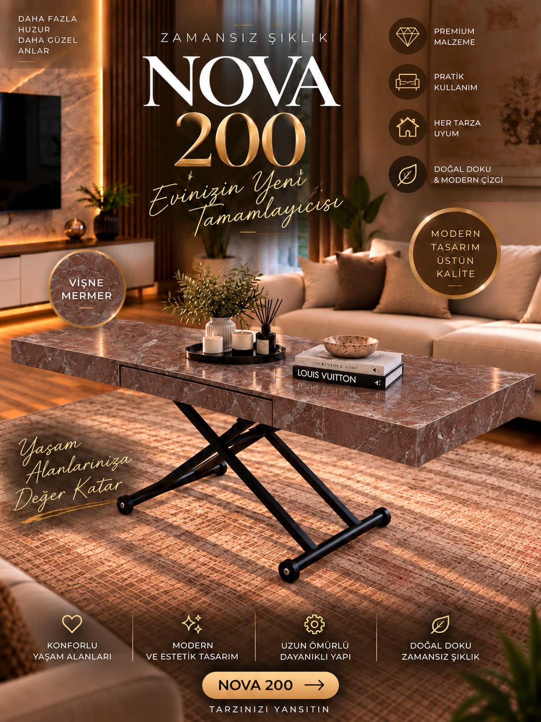 Oval Side-Opening Smart Table | Travertine MDF & Black
