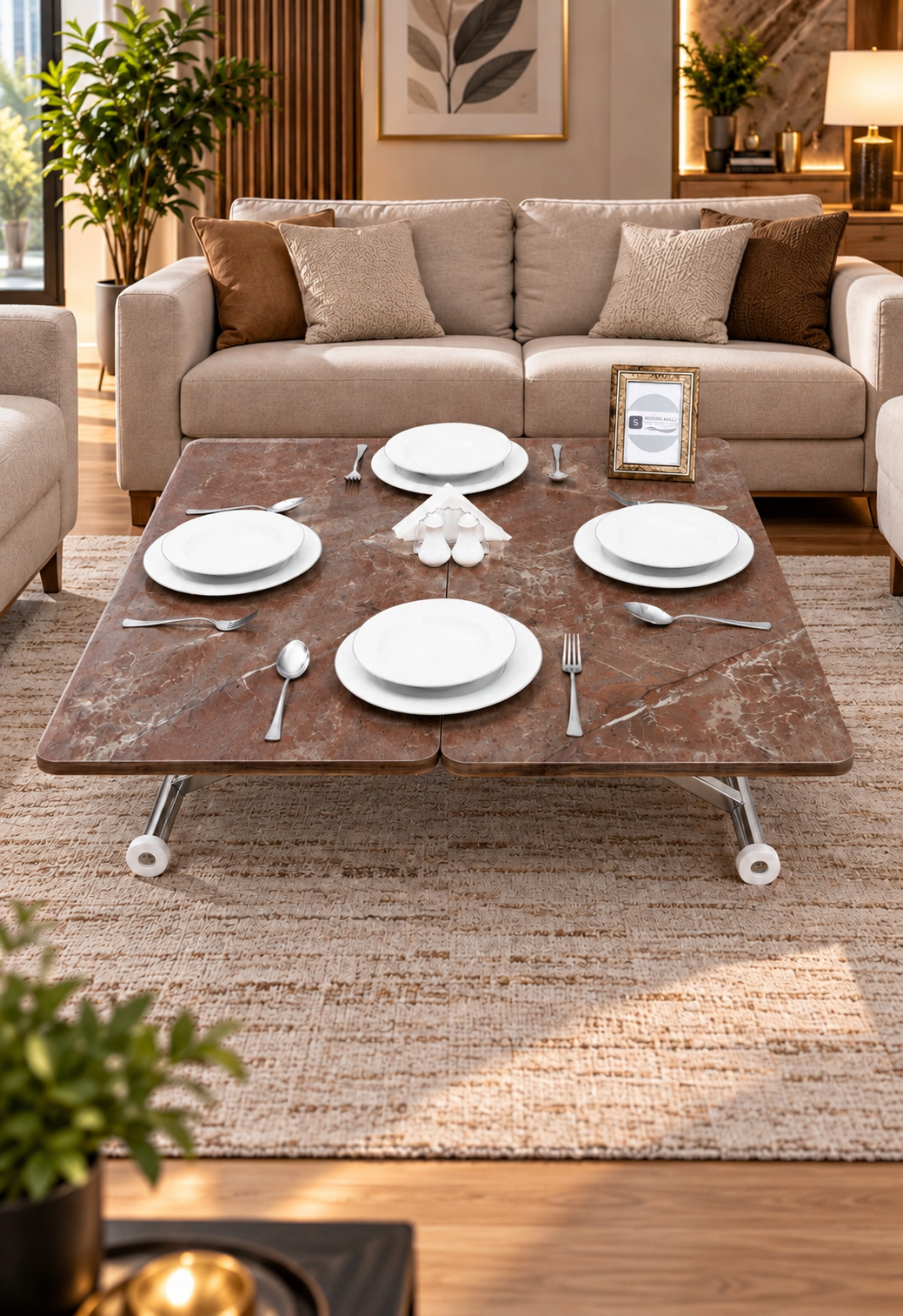 Mini Juppo Smart Coffee Table – Antique Light MDF Top & Chrome-Plated Outwardly Curved Leg