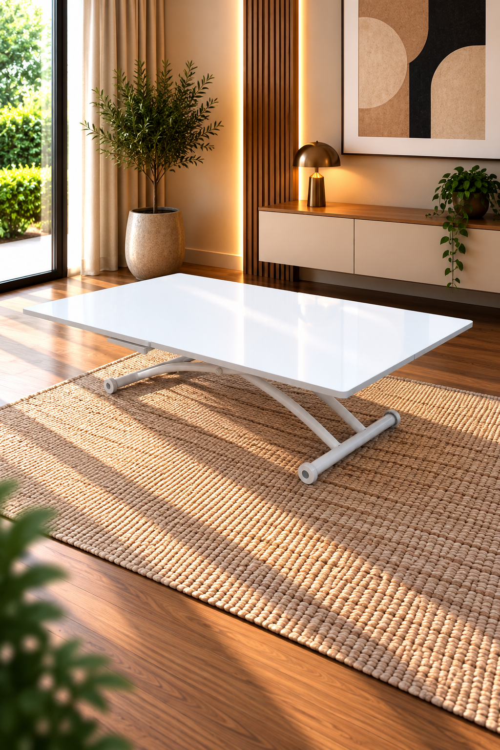 Square Smart Table with Central Opening | White Marble MDF & White