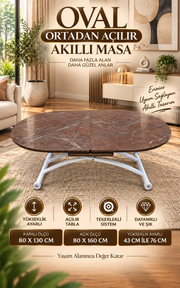 Ortadan Açılır Oval Akıllı Masa | VişneMermer MDF & Beyaz