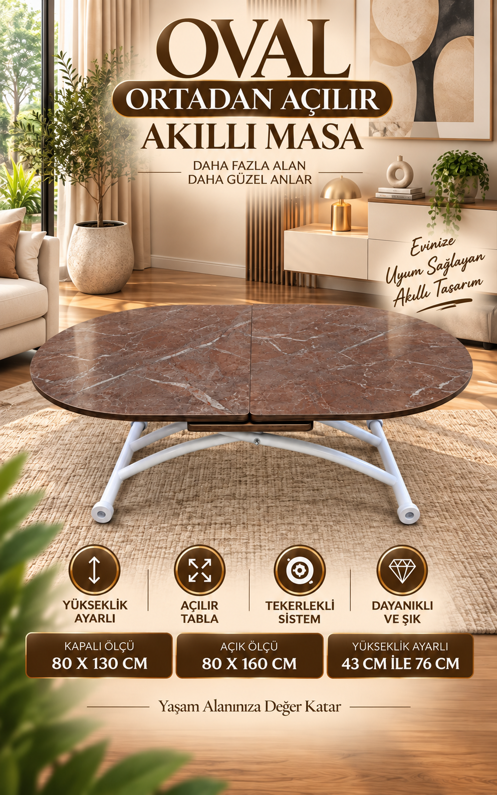 Ortadan Açılır Oval Akıllı Masa | VişneMermer MDF & Beyaz