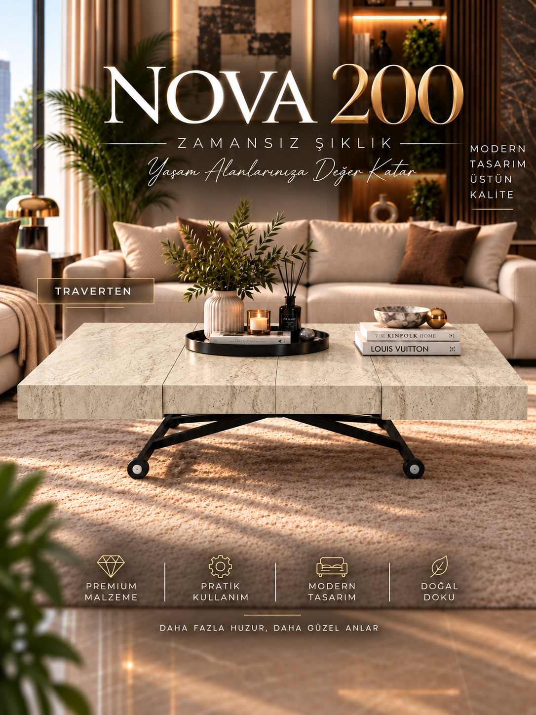 Oval Side-Opening Smart Table | Travertine MDF & Black