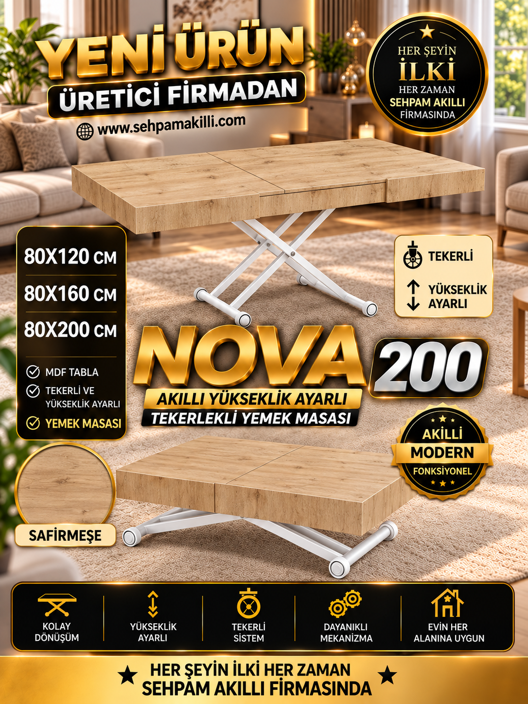 Oval Side-Opening Smart Table | Travertine MDF & Black