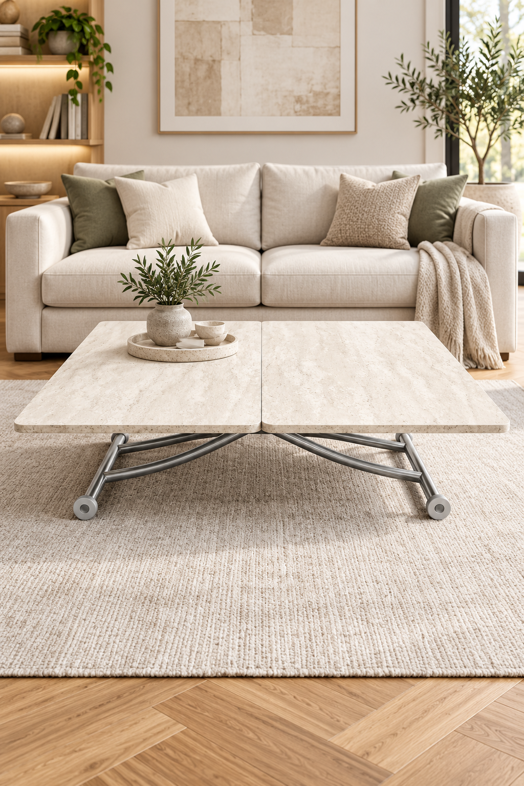 Juppo Smart Coffee Table – Travertine MDF Top & Chrome Metal Legs
