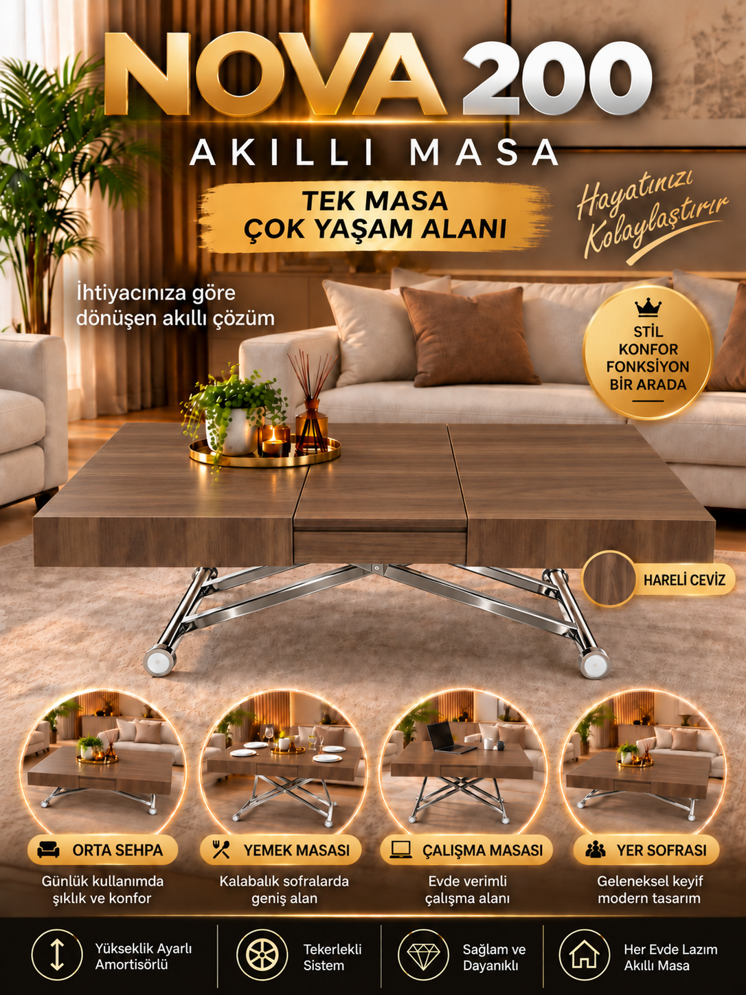 Oval Side-Opening Smart Table | Travertine MDF & Black