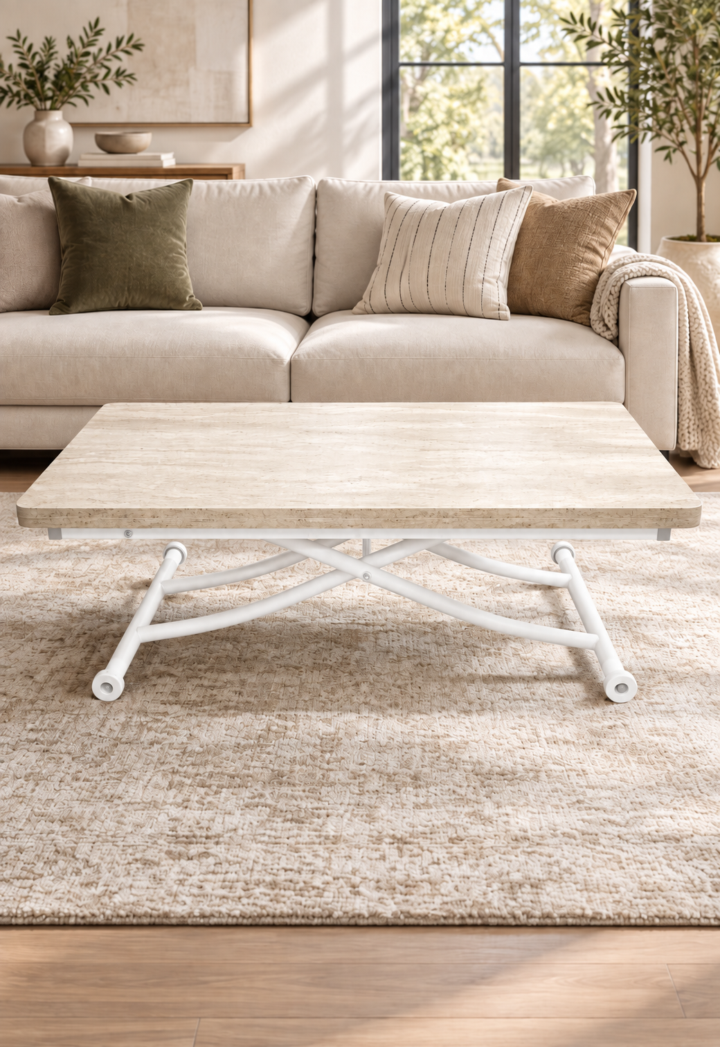 Juppo Smart Coffee Table – Travertine MDF Top & White Metal Legs