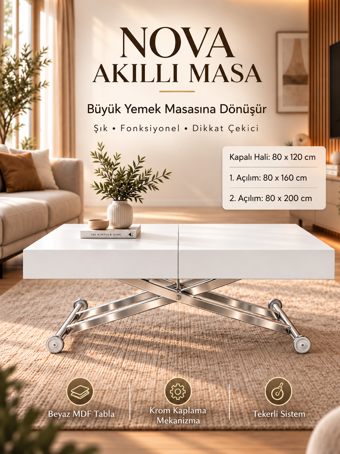 Oval Side-Opening Smart Table | Travertine MDF & Black