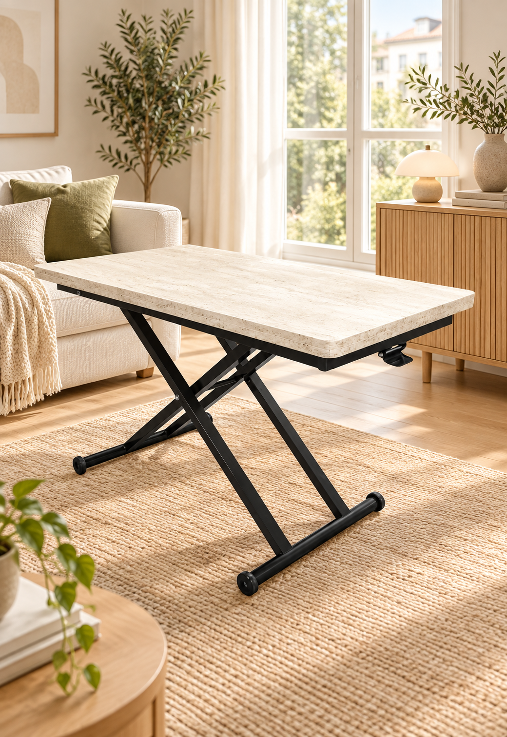 Home Akıllı Sehpa – Traverten MDF Üst & Siyah Metal Ayak