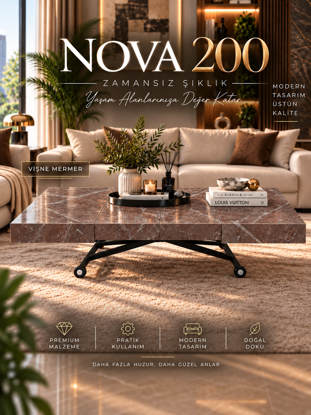 Oval Side-Opening Smart Table | Travertine MDF & Black