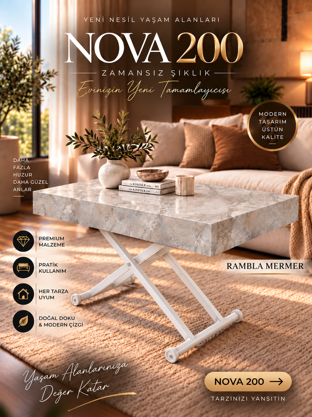 Oval Side-Opening Smart Table | Travertine MDF & Black