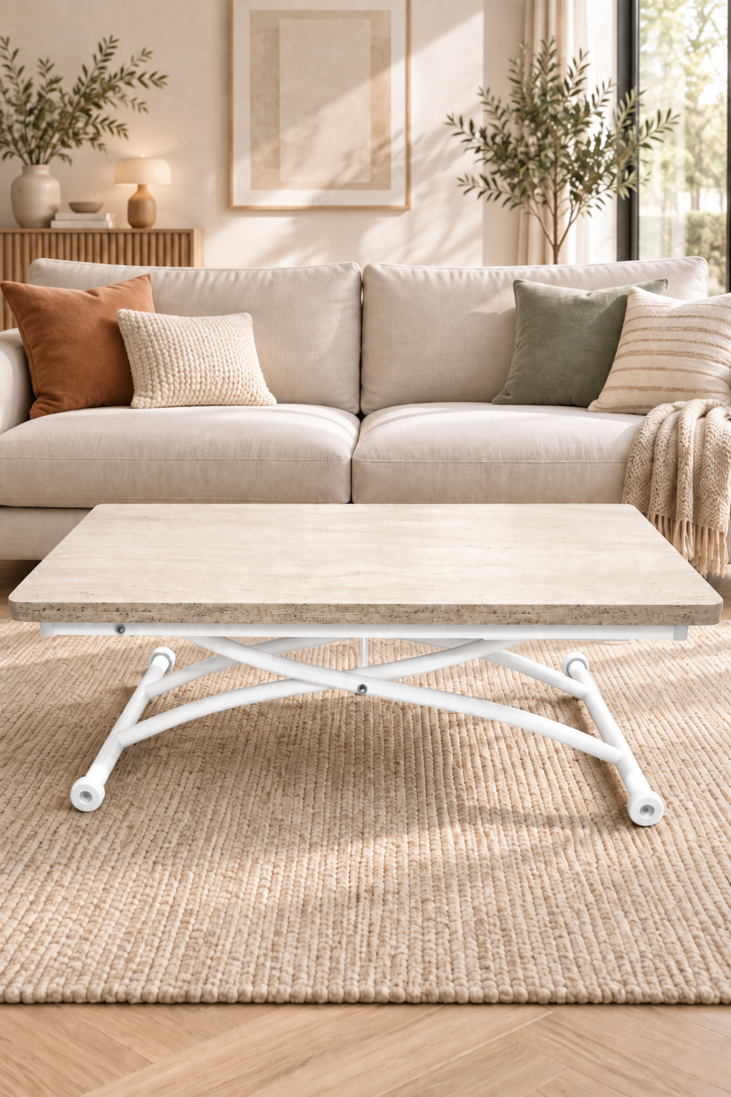 Juppo Smart Coffee Table – Travertine MDF Top & White Outwardly Curved Metal Legs