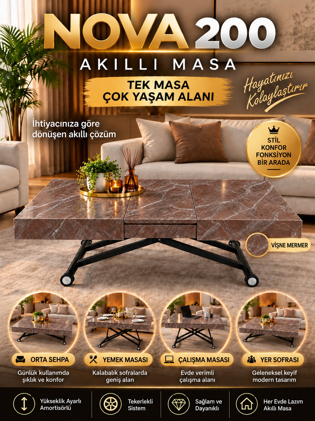 Oval Side-Opening Smart Table | Travertine MDF & Black