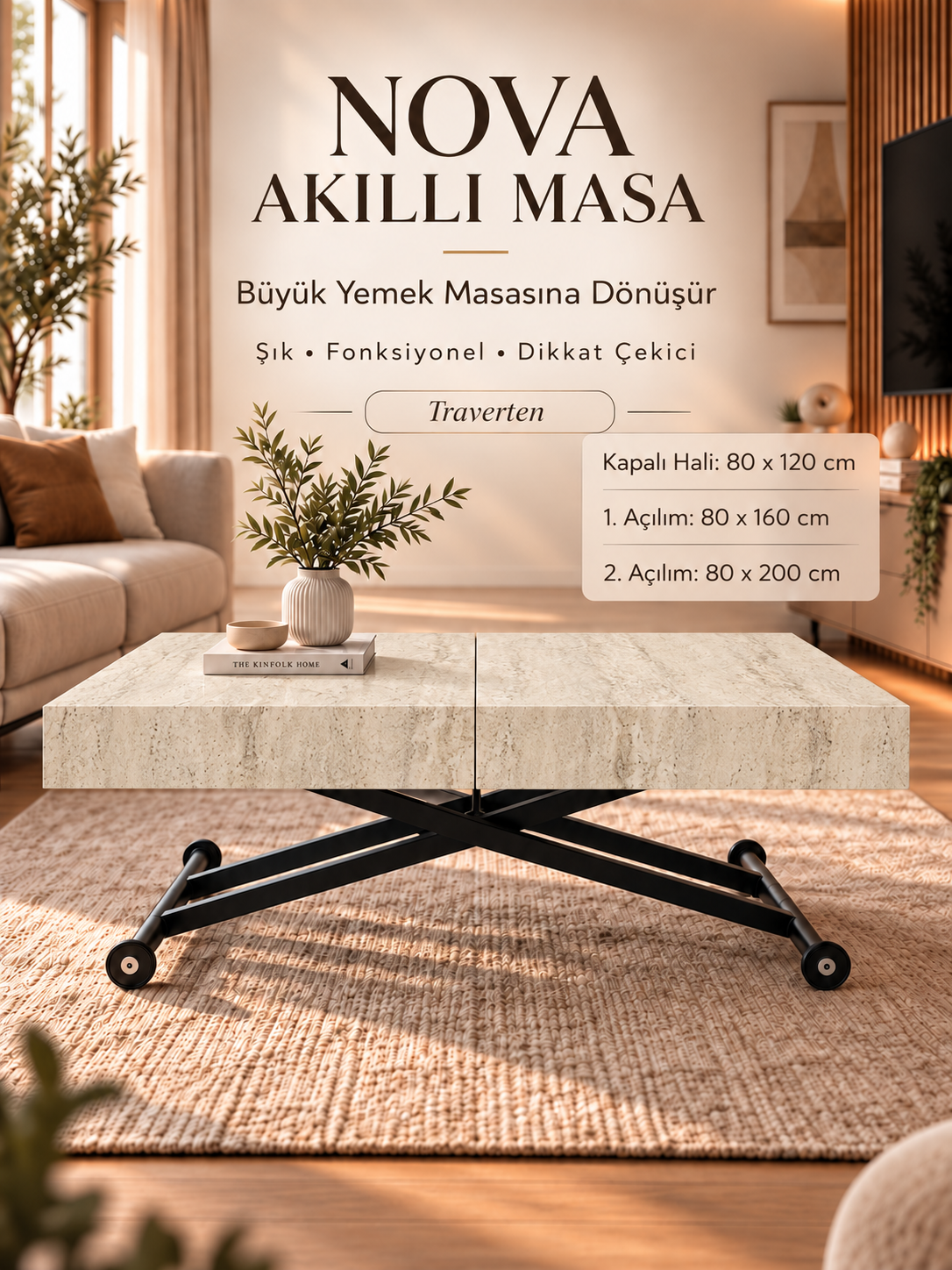 Oval Side-Opening Smart Table | Travertine MDF & Black