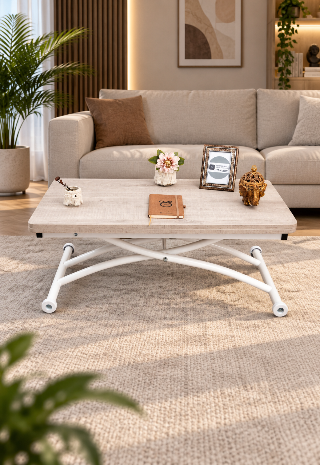 Mini Juppo Smart Coffee Table – Lisbon MDF Top & White Outward-Curved Metal Leg