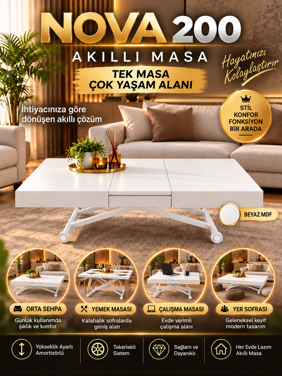 Oval Side-Opening Smart Table | Travertine MDF & Black