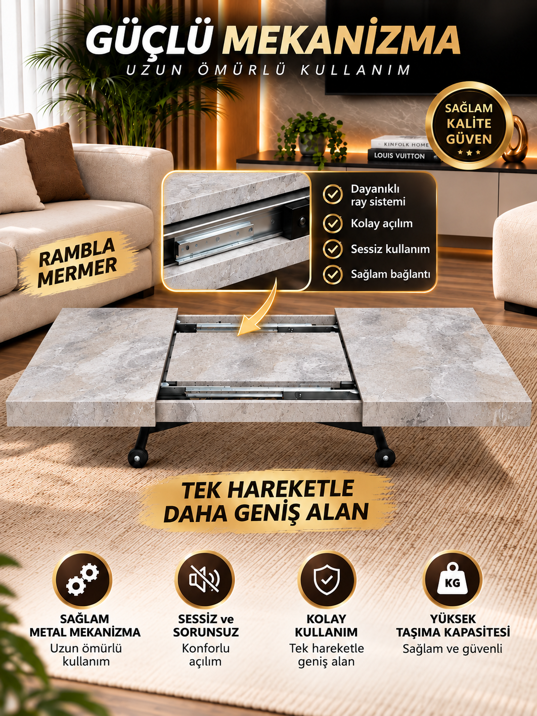 Oval Side-Opening Smart Table | Travertine MDF & Black
