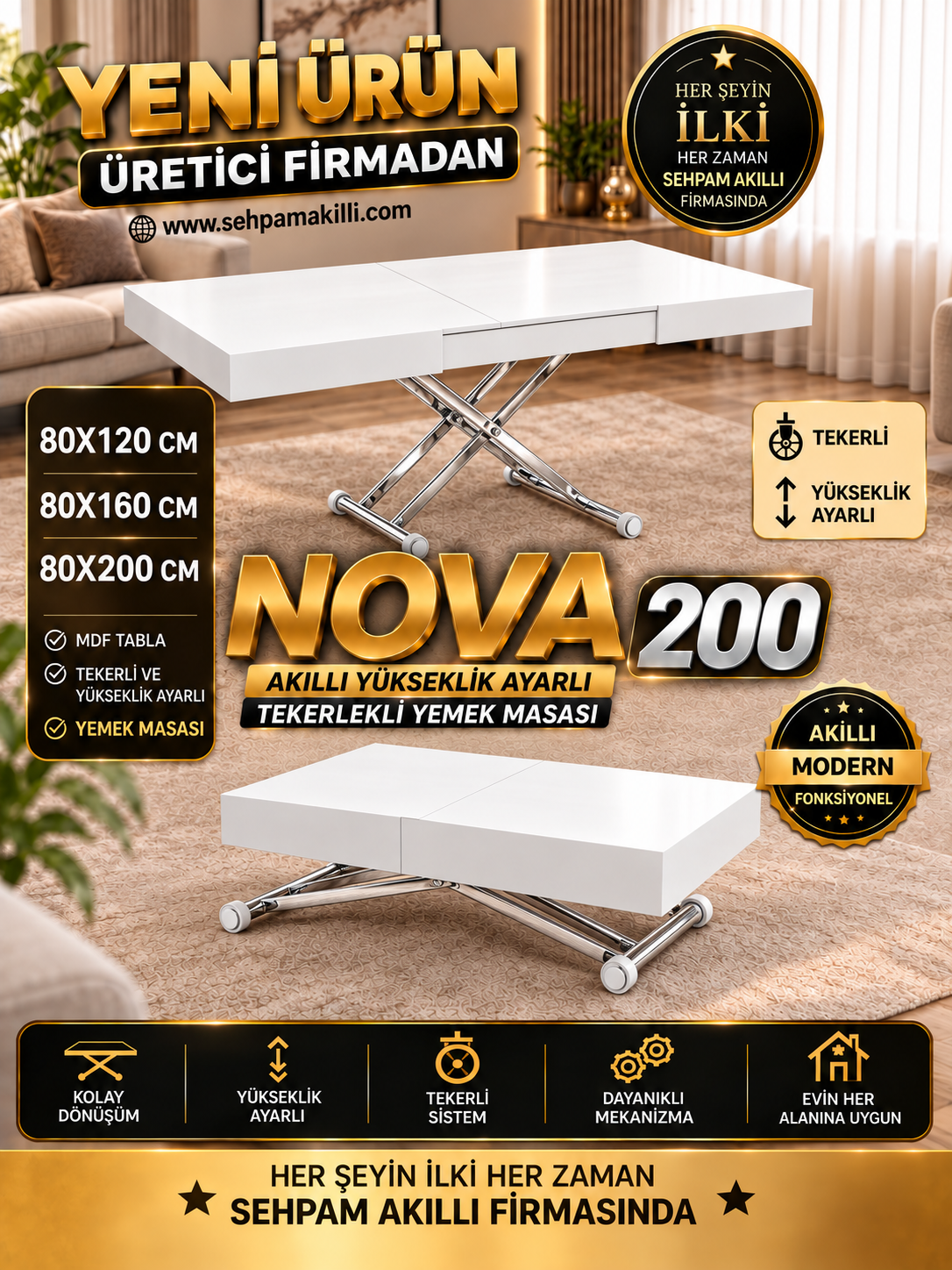 Oval Side-Opening Smart Table | Travertine MDF & Black