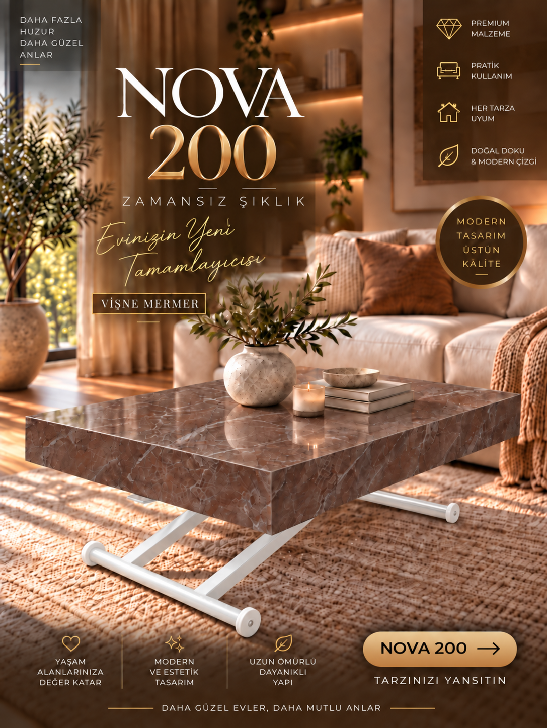 Oval Side-Opening Smart Table | Travertine MDF & Black
