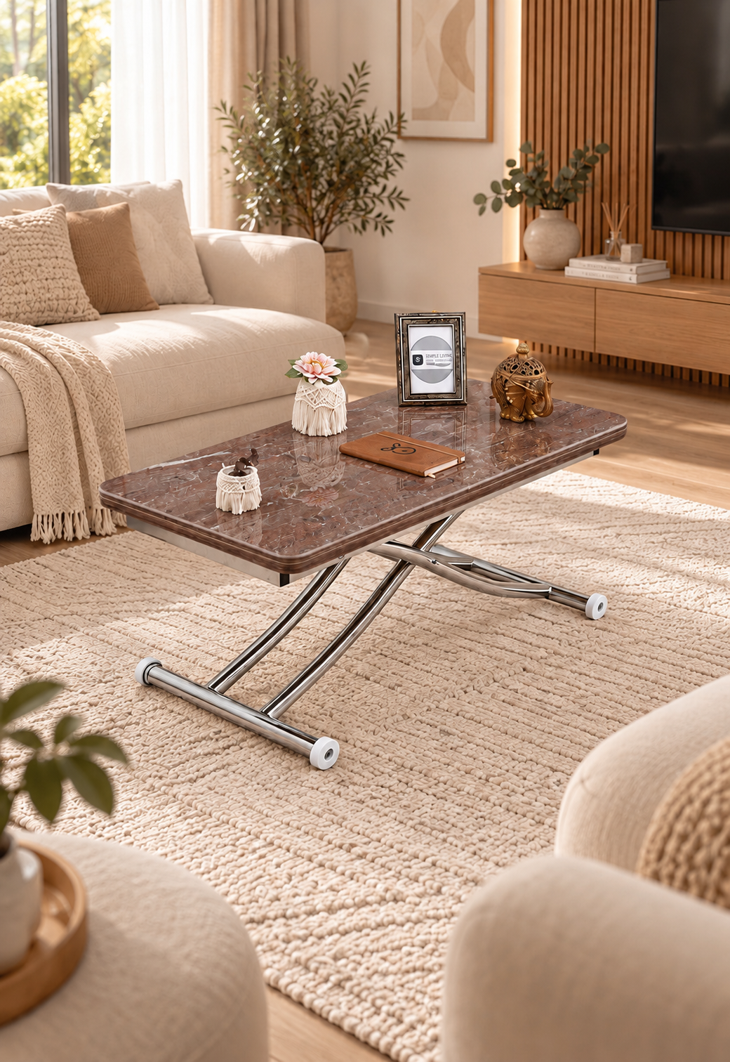 Mini Juppo Akıllı Sehpa – VişneMermer MDF Üst & Krom İçe Kıvrım Metal Ayak