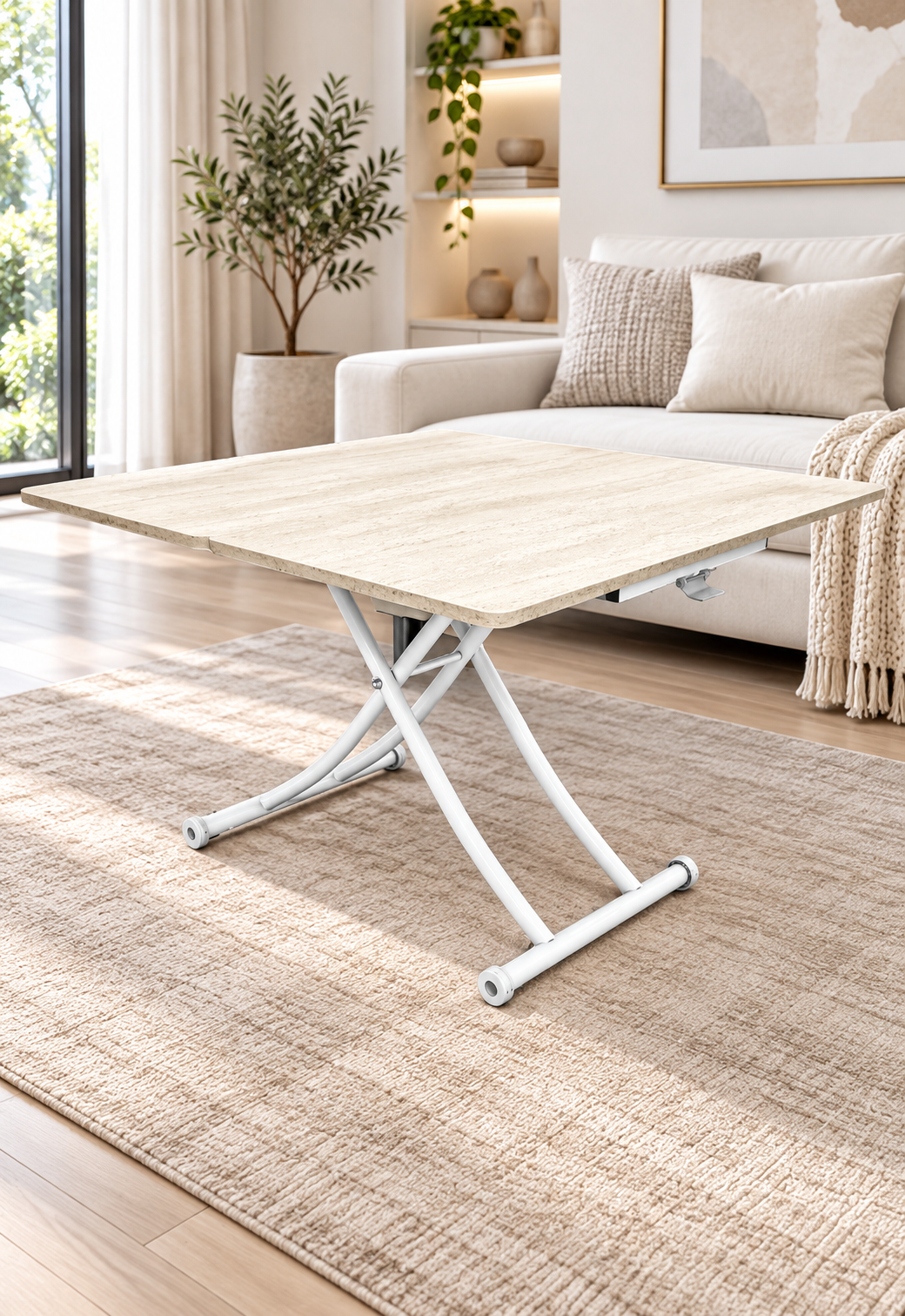 Juppo Smart Coffee Table – Travertine MDF Top & White Metal Legs