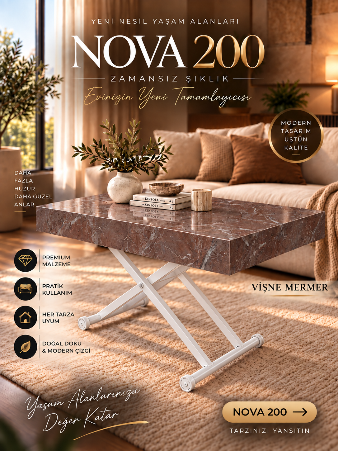 Oval Side-Opening Smart Table | Travertine MDF & Black