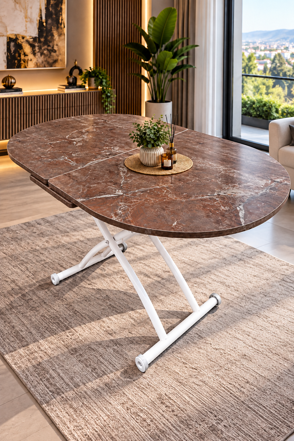 Ortadan Açılır Oval Akıllı Masa | VişneMermer MDF & Beyaz