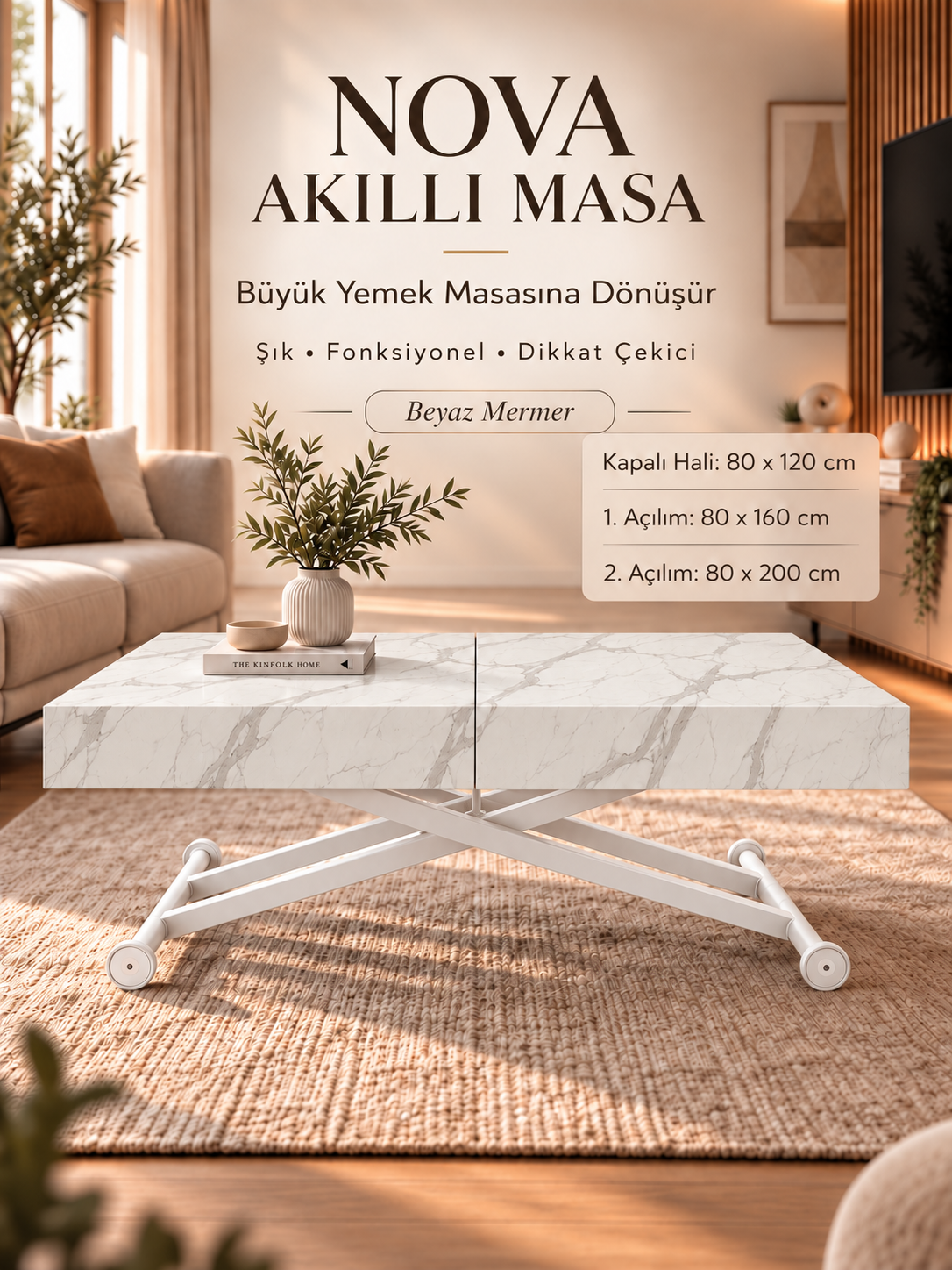 Oval Side-Opening Smart Table | Travertine MDF & Black
