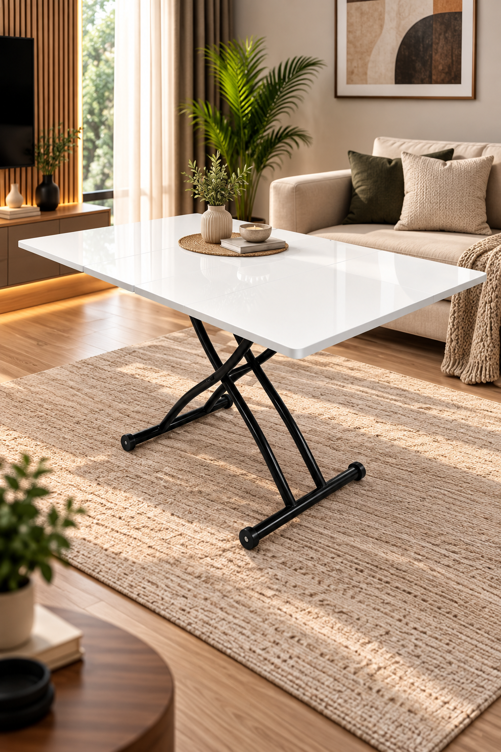 Center Opening Square Smart Table | White Marble MDF & Black