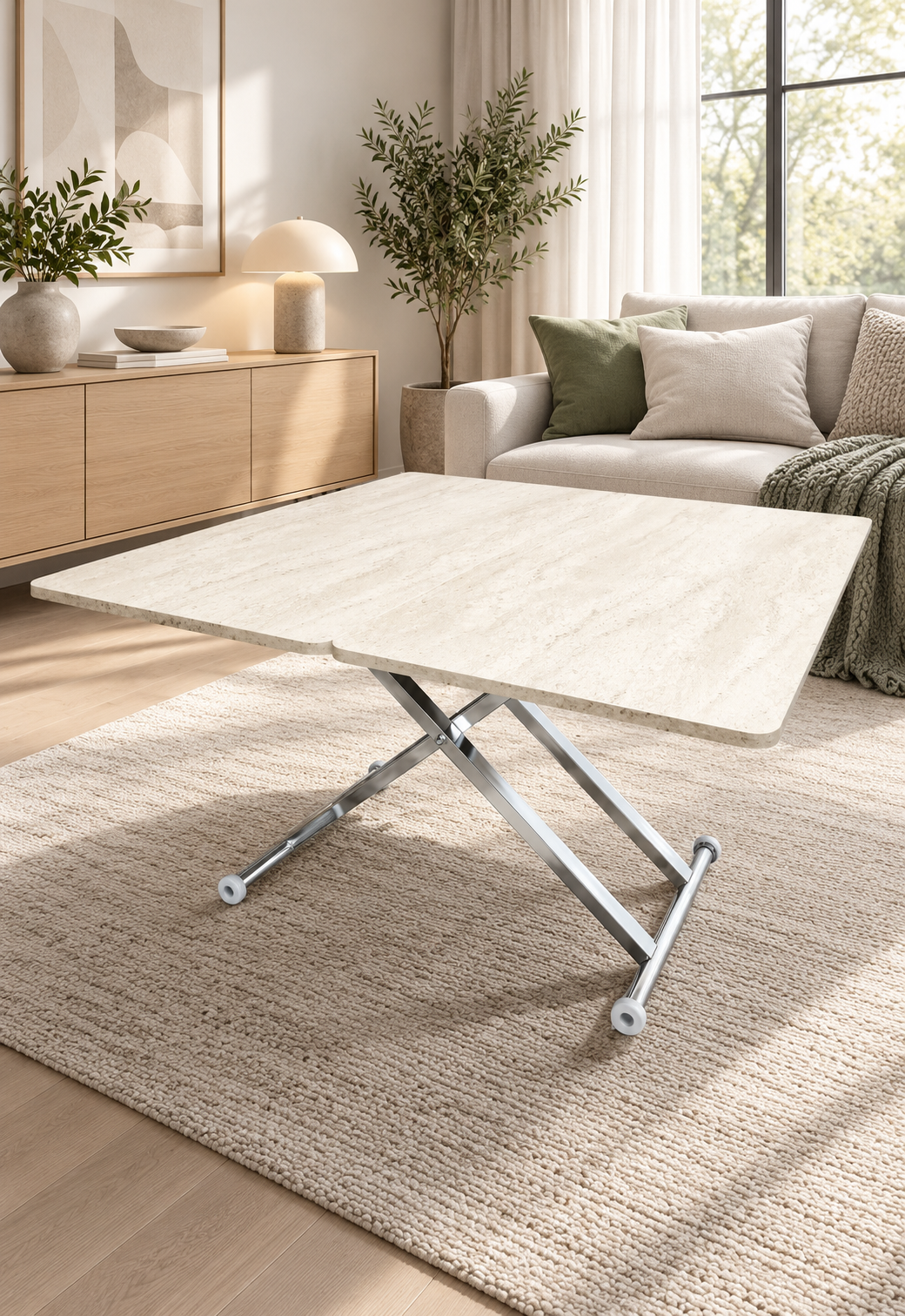 Home Smart Coffee Table – Travertine MDF Top & Chrome Plated Metal Legs