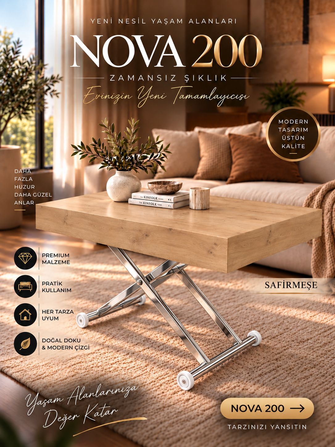 Oval Side-Opening Smart Table | Travertine MDF & Black
