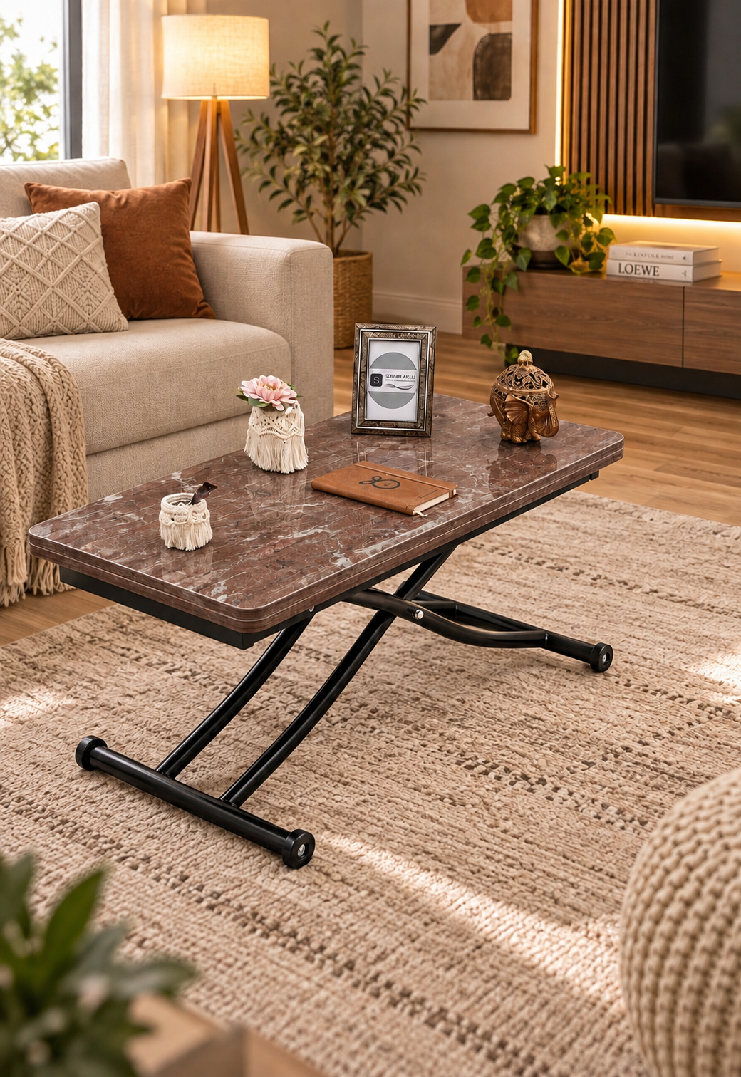 Mini Juppo Akıllı Sehpa – VişneMermer MDF Üst & Siyah İçe Kıvrım Metal Ayak